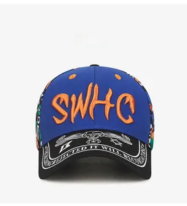 Close-up of 3D embroidery and printed patterns on the brim of a blue street baseball cap