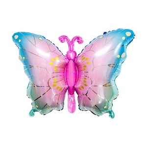 Detail showing gradient pink and blue butterfly foil balloon with metallic finish