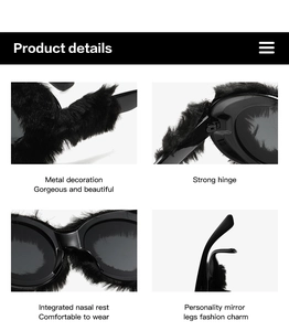 Vue détaillée des lunettes de soleil de fête ovales avec fourrure noire et charnières en métal