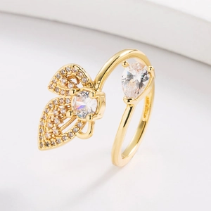 Elegant gold butterfly open ring with sparkling cubic zirconia and adjustable band design