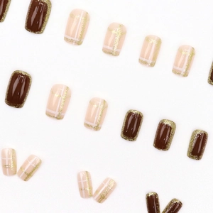 Retro red glitter plaid press-on nail kit with dark brown and nude pink square oval tips