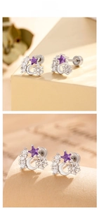 Macro detail of silver snowflake and moon stud earrings with purple cubic zirconia stones