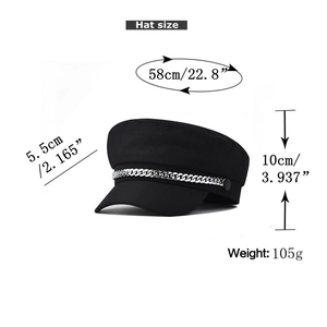 Detailed dimensions of black wool newsboy hat with silver chain and 58cm head circumference
