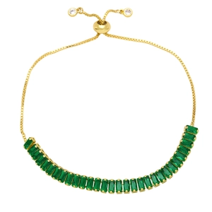 18K gold plated slider bracelet featuring emerald cut green zircon stones and box chain
