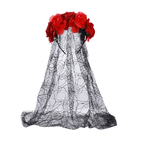 Detail of Halloween headband with red roses and black spider web lace veil decoration