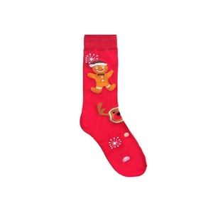 Detail of red Christmas socks featuring embroidered gingerbread man and reindeer motifs
