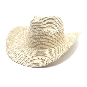 Western style woven straw cowboy hat with vintage hollow brim for sun protection