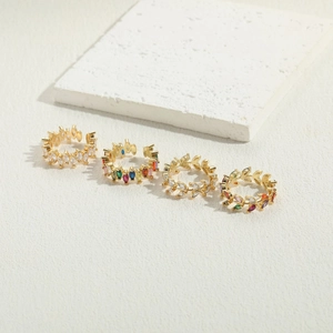 Bagues ouvertes luxueuses plaquées or 14K avec zircon marquise et design de feuille