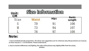 Detailed size chart for flare jeans showing waist, hip, and length measurements in cm