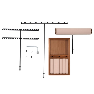 Multi-tier jewelry display stand with wooden base and metal racks for rings and necklaces
