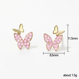 Cute butterfly stud earrings with pink cubic zirconia and size dimensions 11.5mm x 8.5mm