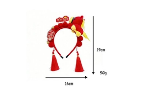 Detailed view of Year of the Horse headband with red tassels and size dimensions