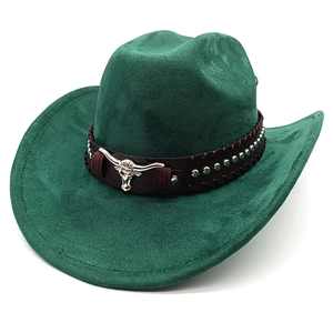Cappello da cowboy classico in pelle scamosciata verde scuro con fascia intrecciata marrone