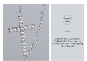Close-up of S925 sterling silver cross pendant with micro-set sparkling white zircons