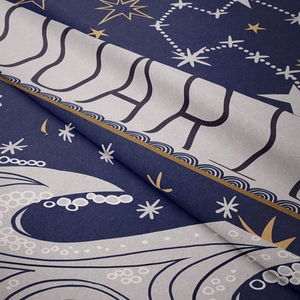 Detailed close-up of Aquarius constellation tapestry with soft blue star fabric texture