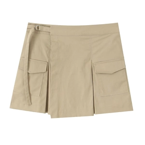Women Cargo Skort High Waist Pleated Mini Skirt With Pockets And D-Ring Belt Polyester Solid Color Streetwear