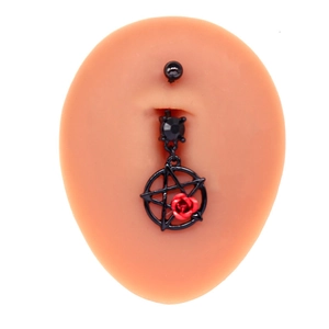 Black navel ring featuring red rose, black crystal, and pentagram star dangle on model