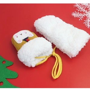 Close-up of children's plush mittens with cute rabbit embroidery and white fleece cuffs