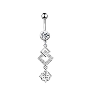 Detailed view of silver belly ring featuring sparkling cubic zirconia and rhombus pendants