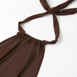 Detail of dark brown glitter mesh fabric with halter neck tie design for women
