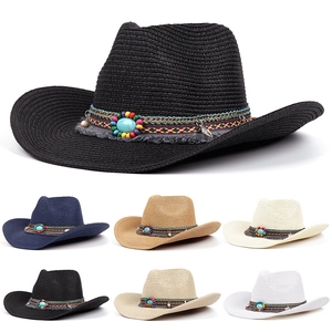 Bohemian style linen straw panama hats in six colors with turquoise and feather charms