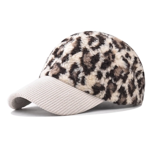 Leopard Print Faux Fur Baseball Cap With Corduroy Brim Winter Warm Outdoor Fashion Hat For Women