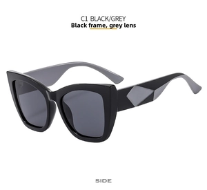 Side view of butterfly cat eye sunglasses featuring black frames and grey lenses