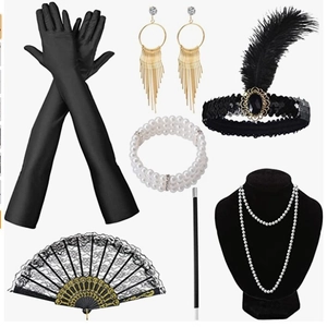 Panoplie d'accessoires Gatsby 1920 avec bandeau à plumes, collier de perles et éventail