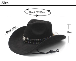 Detailed dimensions of suede cowboy hat with steer skull and ethnic braided band