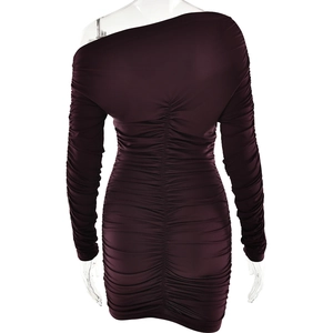 Detail view of the deep purple one-shoulder dress with ruched texture from the back