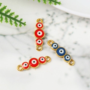 Golden alloy evil eye connectors with red and blue enamel charms for DIY jewelry making