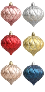 Detail showing colorful onion-shaped Christmas ornaments with glitter and diamond patterns