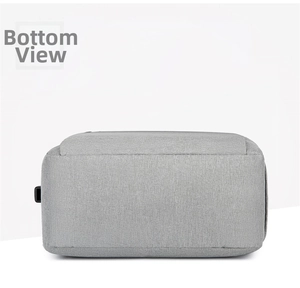 Flat bottom view of the grey business backpack showing durable polyester fabric structure