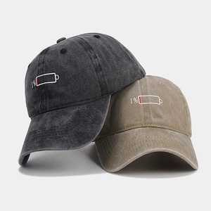 Vintage washed cotton baseball caps with 1% battery embroidery in grey and khaki tones