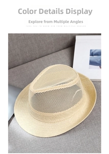 Close-up of beige straw fedora hat featuring breathable mesh crown and woven texture