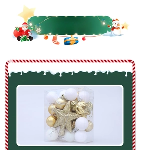 Detail of Christmas ornament set featuring gold and white baubles with a sparkling star