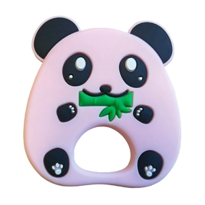 Pink silicone baby teether with panda design and easy-grip handle hole on white base
