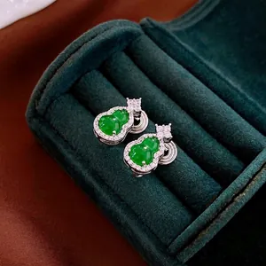 Elegant silver gourd earrings with green jade inlay and white cubic zirconia accents