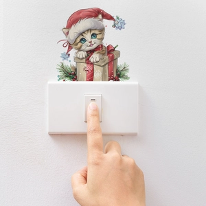 Christmas wall sticker with cat in santa hat and gift box for home switch decoration