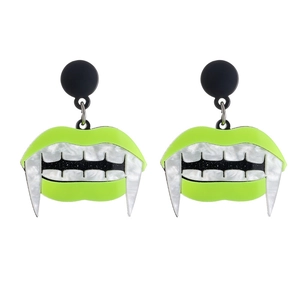 Halloween vampire fang earrings with green lips and white teeth in acrylic finish