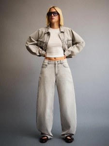 Women's light grey high waist wide leg jeans and cropped denim jacket outfit set