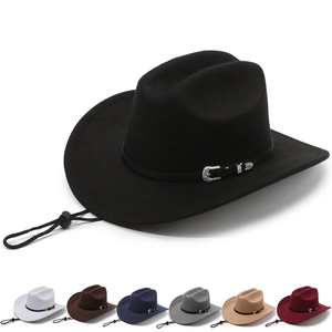 Western cowboy felt hat with metal buckle band and chin strap shown in seven colors