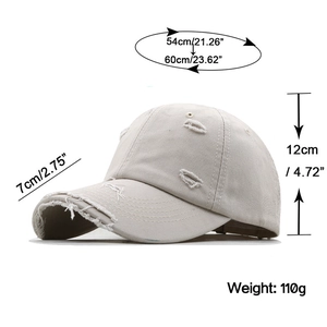 Vintage distressed baseball cap in beige cotton with ripped details and 54-60cm adjustable strap