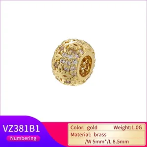 Hollow flower brass bead with zircon inlay for jewelry making in gold plating