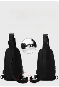 Detail view of the breathable mesh back and adjustable detachable shoulder strap of the chest bag