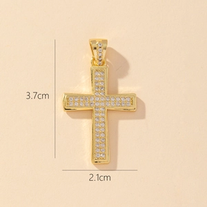 Detail showing gold cross pendant dimensions of 3.7cm height and 2.1cm width with zircons