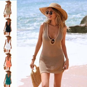 Hollow Out Crochet Beach Cover-up Dress Deep V-Neck Knit Sleeveless Summer Vacation Swimsuit Mini Coverup Acrylic