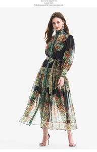 Close-up of vintage paisley floral print with lantern sleeves and a mandarin collar