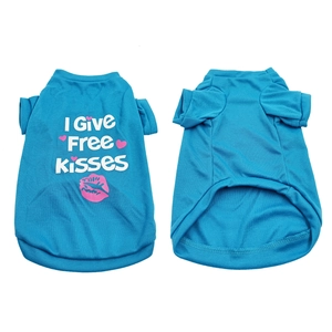 Detailed flat lay of blue dog T-shirt with I Give Free Kisses print on white background