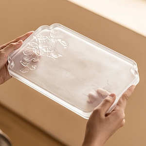 Rectangular frosted crystal glass tea tray with elegant floral bird relief pattern